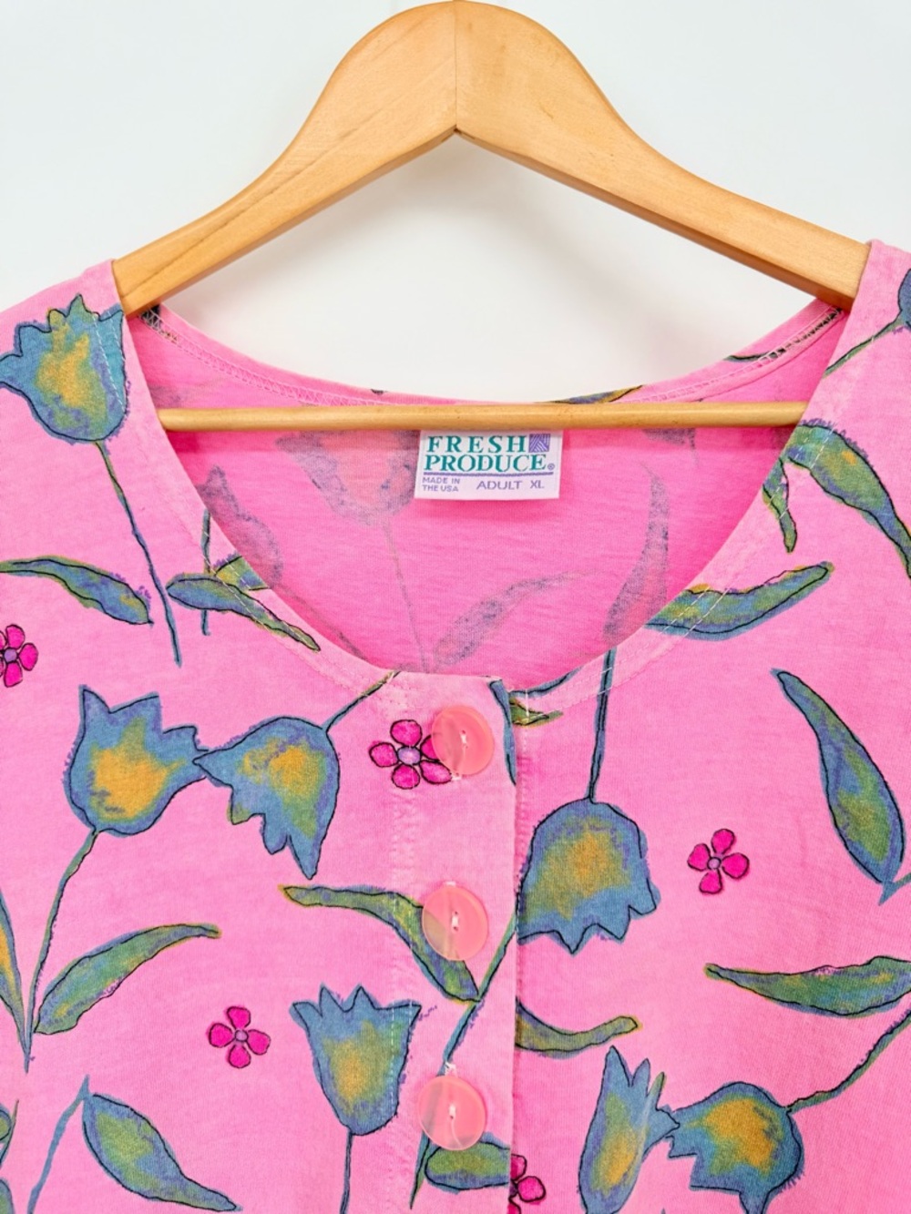 Fresh Produce Vintage 90s Dress XL Pink Floral Tulip 100% Cotton Knit US Coastal - Picture 5 of 14
